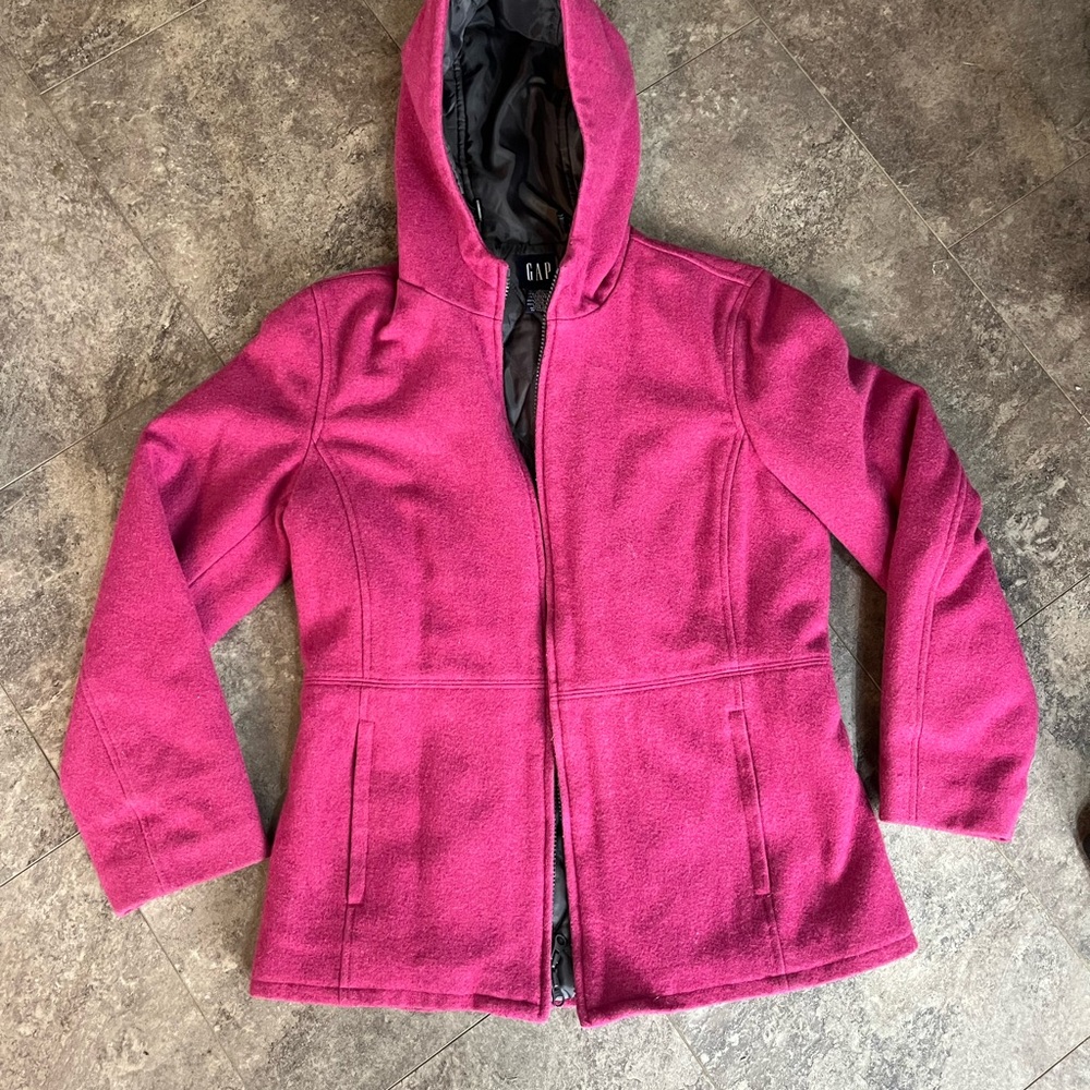 Gap Recycled Wool Women's S Pink Pea Coat/Jacket w/Zipper & Hood. Quilt Lining